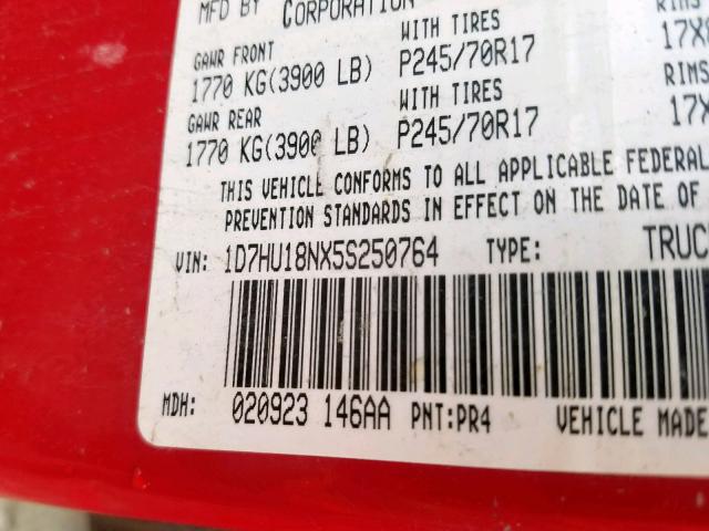 1D7HU18NX5S250764 - 2005 DODGE RAM 1500 S RED photo 10