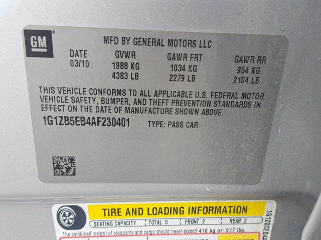 1G1ZB5EB4AF230401 - 2010 CHEVROLET MALIBU LS SILVER photo 10