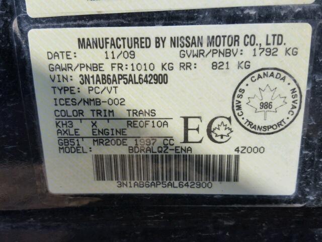 3N1AB6AP5AL642900 - 2010 NISSAN SENTRA 2.0 BLACK photo 10