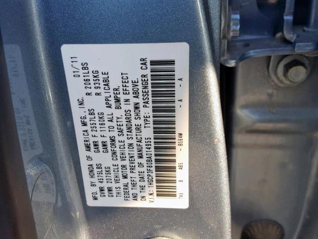 1HGCP3F80BA014955 - 2011 HONDA ACCORD EXL BLUE photo 10