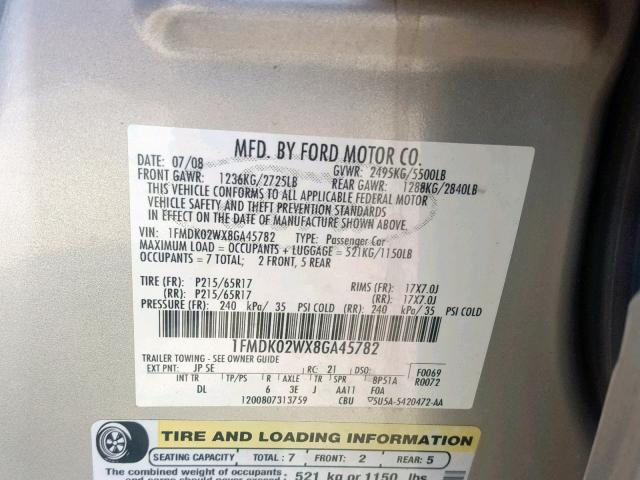 1FMDK02WX8GA45782 - 2008 FORD TAURUS X S SILVER photo 10