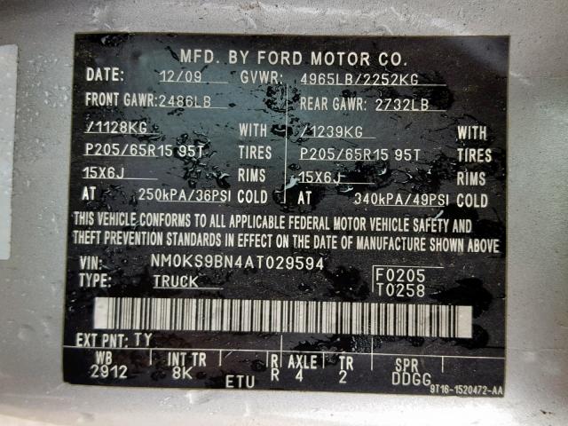 NM0KS9BN4AT029594 - 2010 FORD TRANSIT CO SILVER photo 10