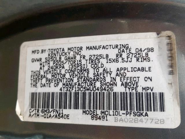 4T3ZF13C5WU049426 - 1998 TOYOTA SIENNA LE GRAY photo 10