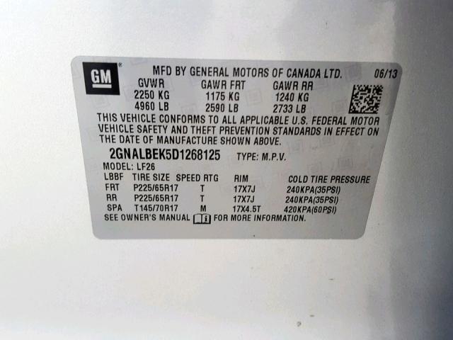 2GNALBEK5D1268125 - 2013 CHEVROLET EQUINOX LS SILVER photo 10