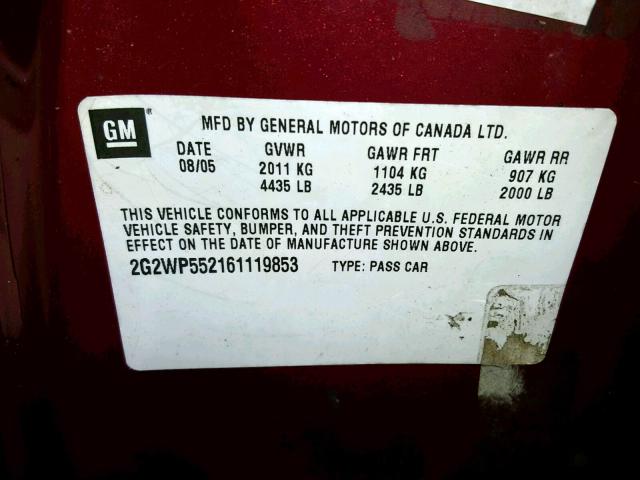 2G2WP552161119853 - 2006 PONTIAC GRAND PRIX RED photo 10
