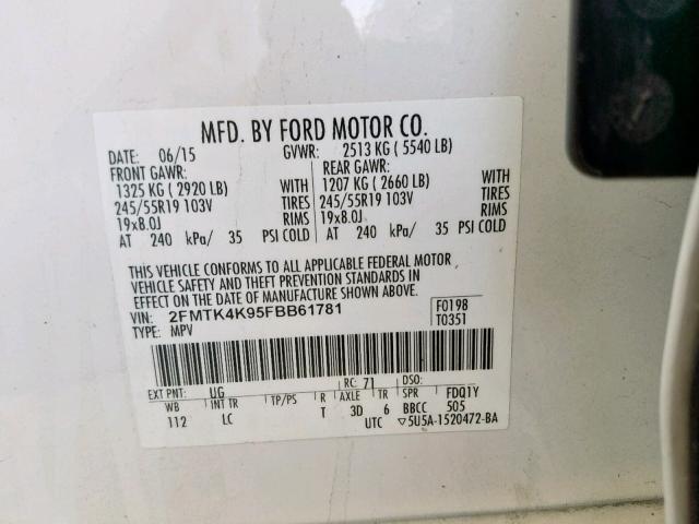 2FMTK4K95FBB61781 - 2015 FORD EDGE TITAN WHITE photo 10