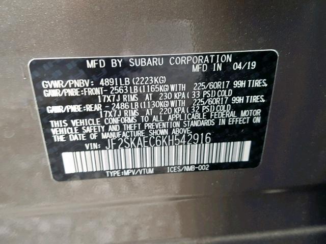 JF2SKAEC6KH542916 - 2019 SUBARU FORESTER P GRAY photo 10