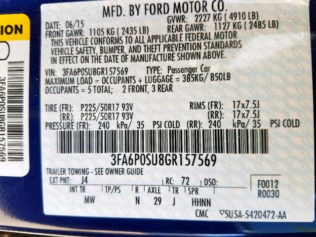 3FA6P0SU8GR157569 - 2016 FORD FUSION TIT BLUE photo 10