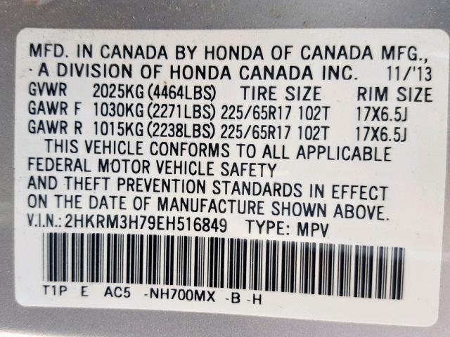 2HKRM3H79EH516849 - 2014 HONDA CR-V EXL SILVER photo 10