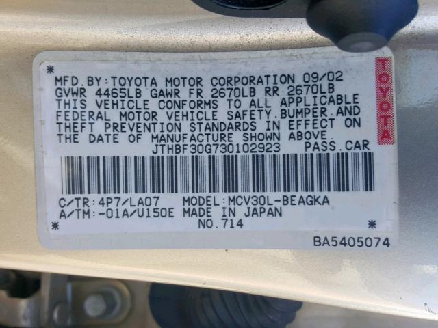 JTHBF30G730102923 - 2003 LEXUS ES 300 GOLD photo 10