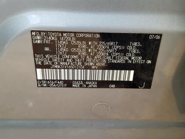 JTMBK31V165012104 - 2006 TOYOTA RAV4 LIMIT GRAY photo 10