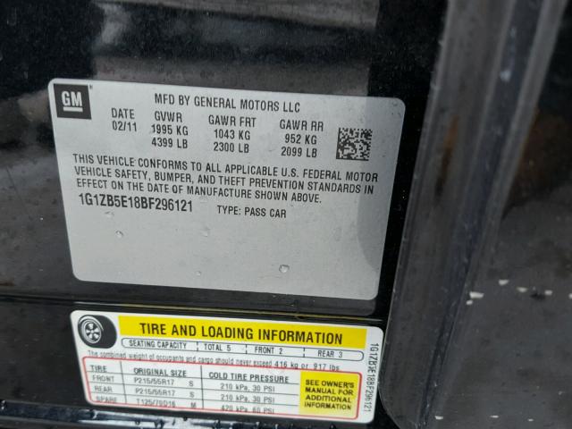 1G1ZB5E18BF296121 - 2011 CHEVROLET MALIBU LS 黑色 照片 10