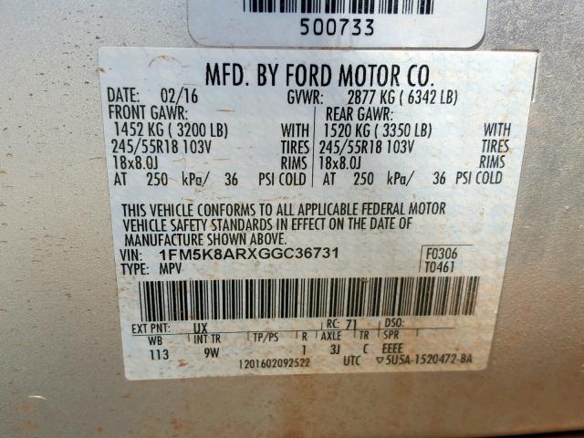 1FM5K8ARXGGC36731 - 2016 FORD EXPLORER P SILVER photo 10