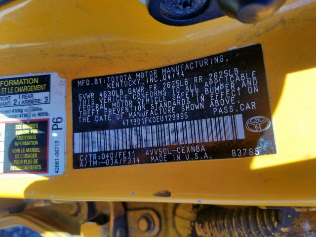 4T1BD1FK0EU129895 - 2014 TOYOTA CAMRY HYBR YELLOW photo 10