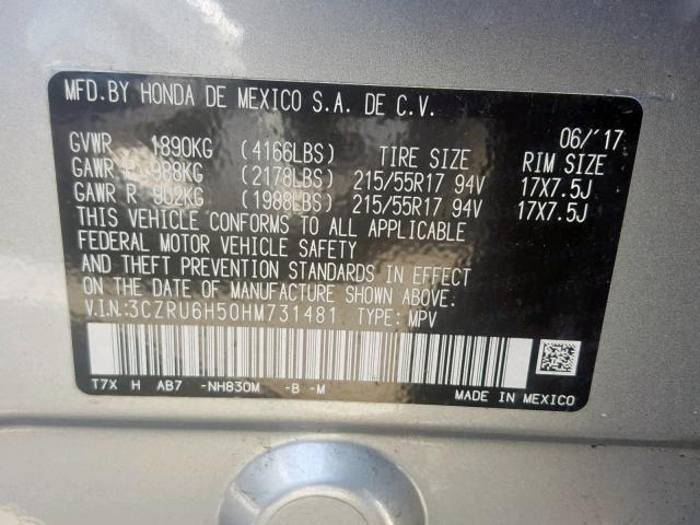 3CZRU6H50HM731481 - 2017 HONDA HR-V EX SILVER photo 10