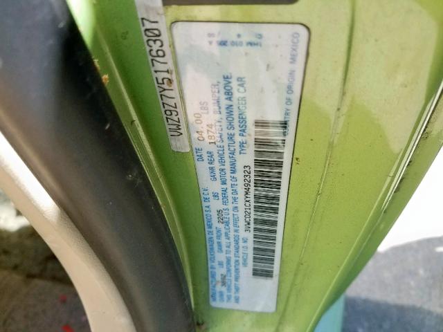 3VWCD21CXYM492323 - 2000 VOLKSWAGEN NEW BEETLE მწვანე ფოტო 10