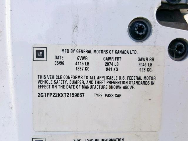 2G1FP22KXT2159667 - 1996 CHEVROLET CAMARO BAS 白色 照片 10