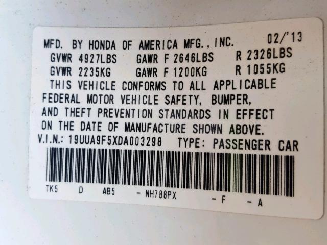 19UUA9F5XDA003298 - 2013 ACURA TL TECH WHITE photo 10