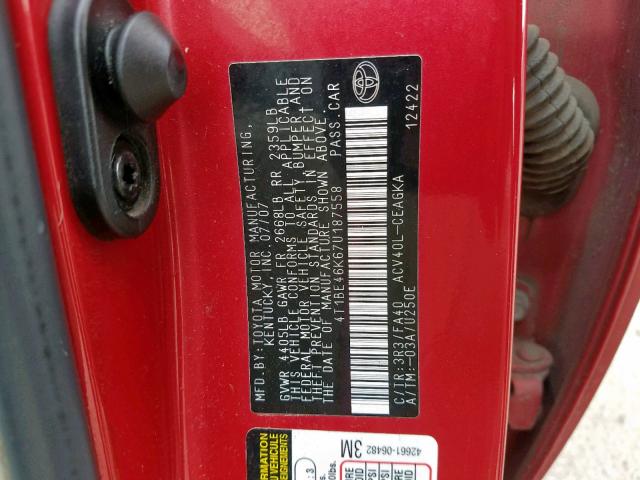 4T1BE46K67U187558 - 2007 TOYOTA CAMRY NEW RED photo 10