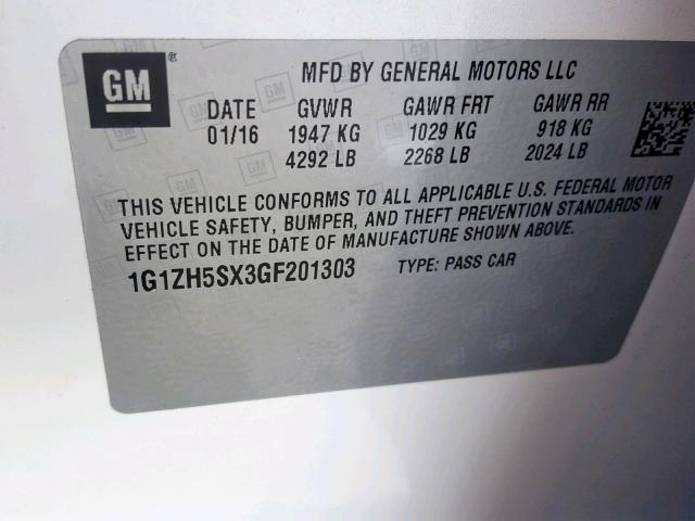 1G1ZH5SX3GF201303 - 2016 CHEVROLET MALIBU PRE 白色 照片 10