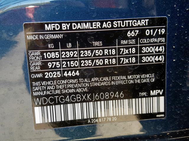 WDCTG4GBXKJ608946 - 2019 MERCEDES-BENZ GLA 250 4M BLUE photo 10