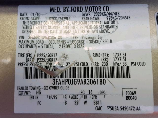 3FAHP0JG9AR306180 - 2010 FORD FUSION SEL BEIGE photo 10