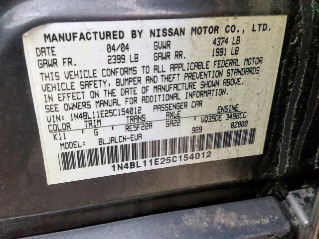 1N4BL11E25C154012 - 2005 NISSAN ALTIMA SE GRAY photo 10