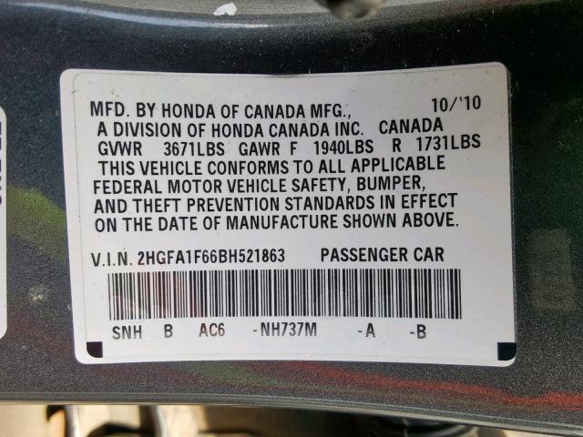 2HGFA1F66BH521863 - 2011 HONDA CIVIC LX-S Գրաֆիտ լուսանկար 10