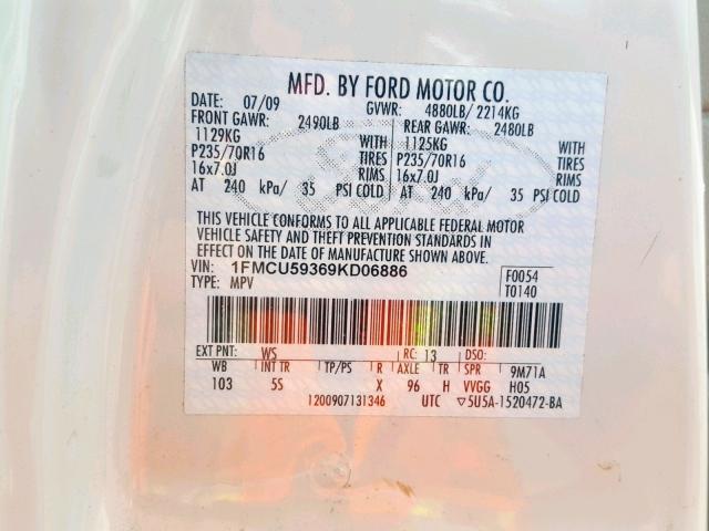 1FMCU59369KD06886 - 2009 FORD ESCAPE HYB WHITE photo 10