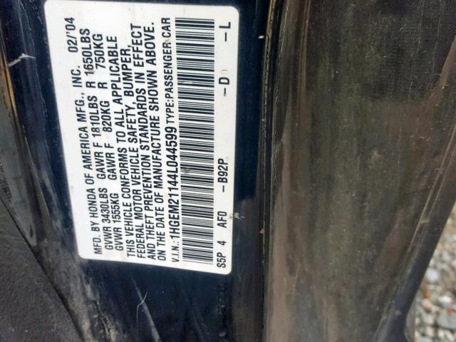 1HGEM21144L044599 - 2004 HONDA CIVIC DX V BLACK photo 10