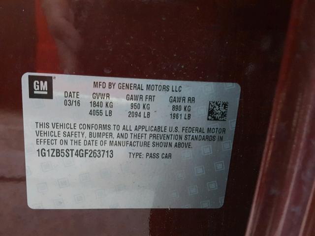 1G1ZB5ST4GF263713 - 2016 CHEVROLET MALIBU LS 红色 照片 10