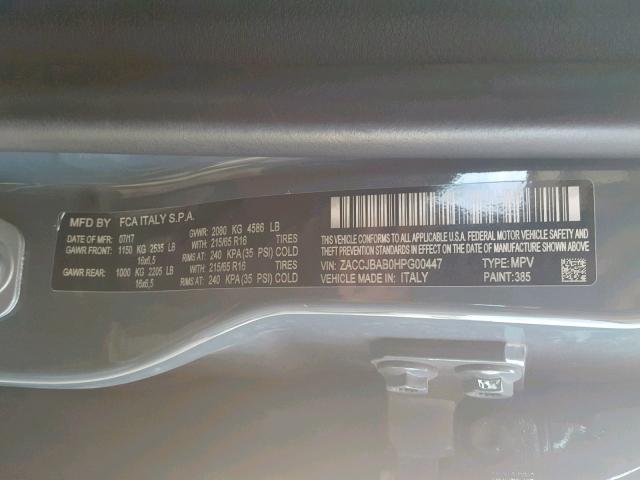 ZACCJBAB0HPG00447 - 2017 JEEP RENEGADE S GRAY photo 10