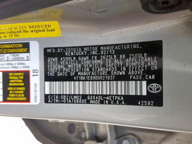 4T1BK1EB9DU021037 - 2013 TOYOTA AVALON BAS GOLD photo 10