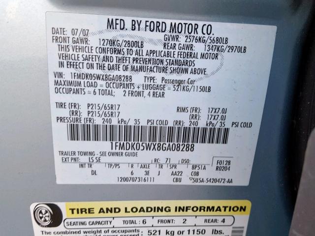 1FMDK05WX8GA08288 - 2008 FORD TAURUS X S BLUE photo 10