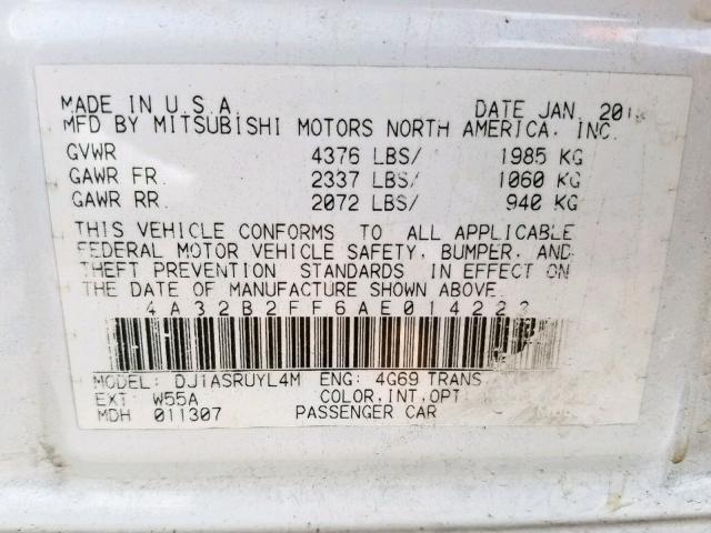 4A32B2FF6AE014223 - 2010 MITSUBISHI GALANT FE WHITE photo 10