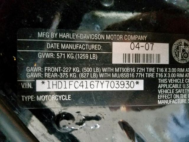 1HD1FC4167Y703930 - 2007 HARLEY-DAVIDSON FLHTCUI BLACK photo 10