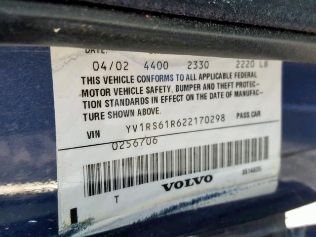 YV1RS61R622170298 - 2002 VOLVO S60 BLUE photo 10