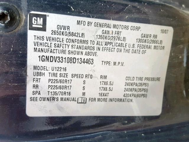 1GNDV33108D134463 - 2008 CHEVROLET UPLANDER L 蓝色 照片 10