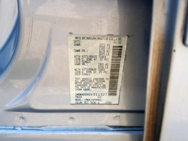 1N6BA0EDXCN311327 - 2012 NISSAN TITAN S SILVER photo 10