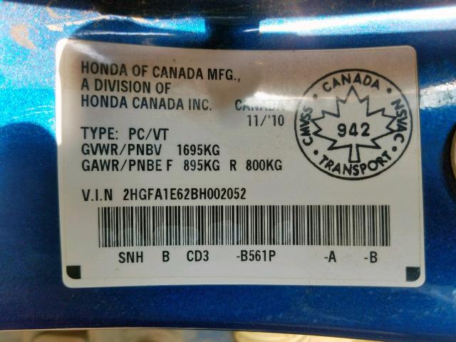 2HGFA1E62BH002052 - 2011 HONDA CIVIC LX-S Mavi foto 10