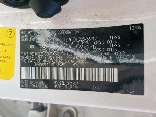 JTEDP21A270136989 - 2007 TOYOTA HIGHLANDER WHITE photo 10