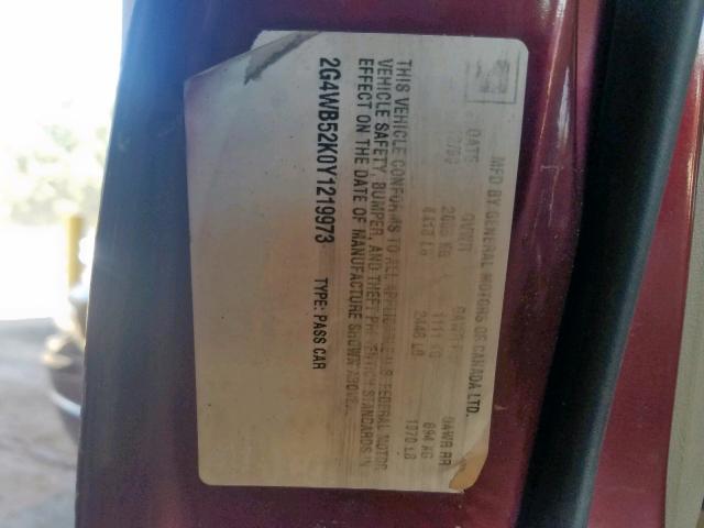 2G4WB52K0Y1219973 - 2000 BUICK REGAL LS MAROON photo 10