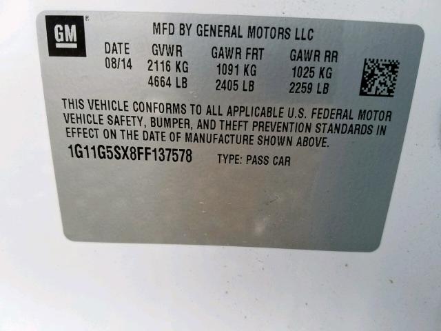 1G11G5SX8FF137578 - 2015 CHEVROLET MALIBU LTZ WHITE photo 10