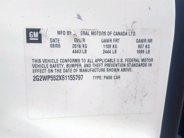 2G2WP552X61155797 - 2006 PONTIAC GRAND PRIX WHITE photo 10