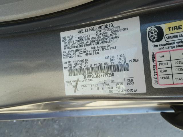 3FADP0L38BR129258 - 2011 FORD FUSION HYB GRAY photo 10