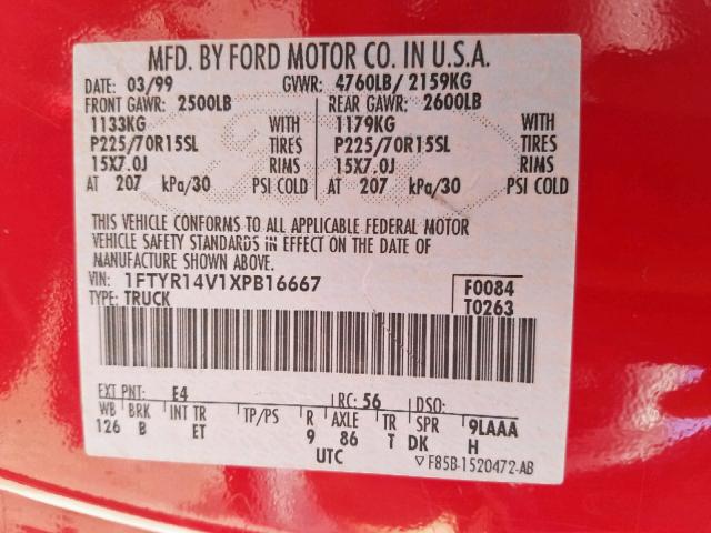 1FTYR14V1XPB16667 - 1999 FORD RANGER SUP RED photo 10