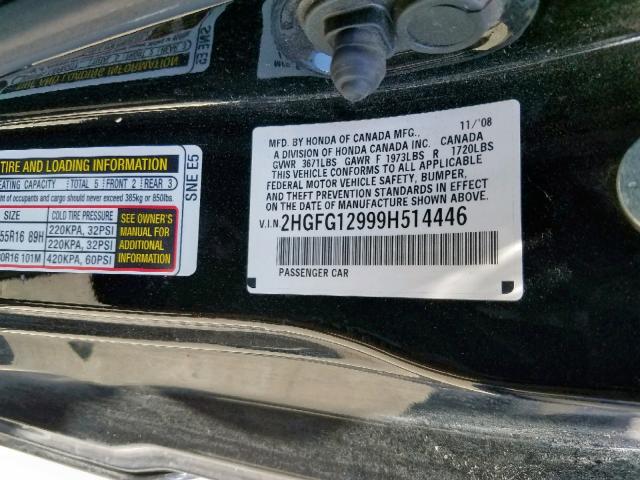 2HGFG12999H514446 - 2009 HONDA CIVIC EXL 黑色 照片 10