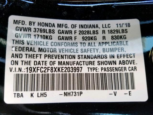 19XFC2F8XKE203997 - 2019 HONDA CIVIC SPOR BLACK photo 10