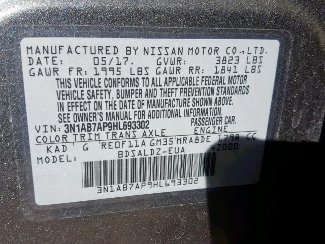 3N1AB7AP9HL693302 - 2017 NISSAN SENTRA S GRAY photo 10