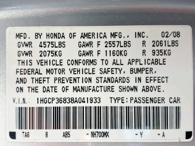 1HGCP36838A041933 - 2008 HONDA ACCORD EXL SILVER photo 10